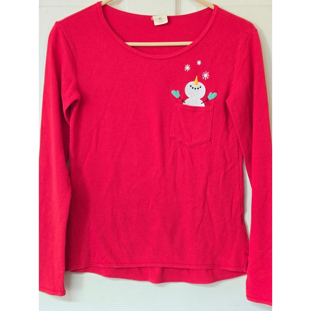 Hollister Red Waffle Knit Snowman Pocket Long Sleeve Sleep Shirt XS